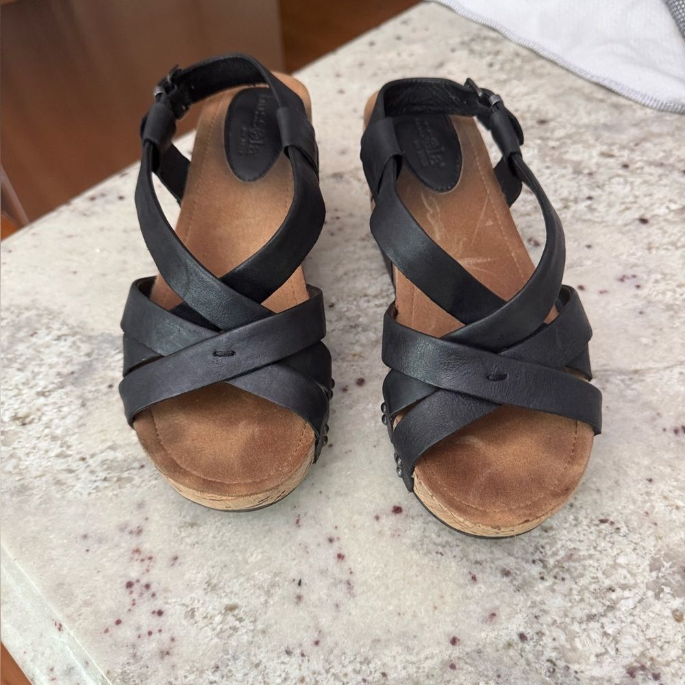 Bussola Formentera Frida Cross Strap Black Leather Cork Platform Sandals sz 9